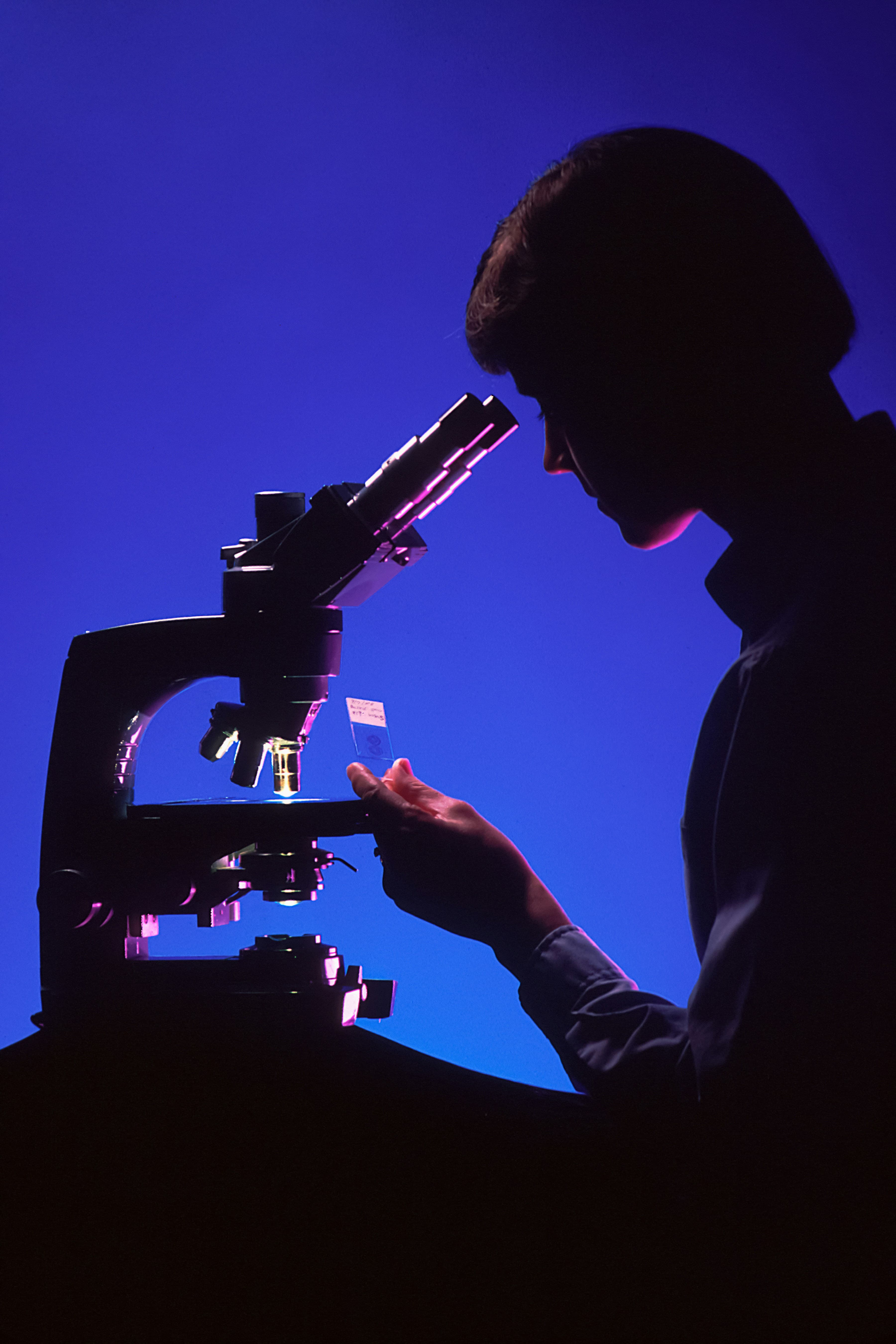 Researcher using a microscope in a blue-lit lab